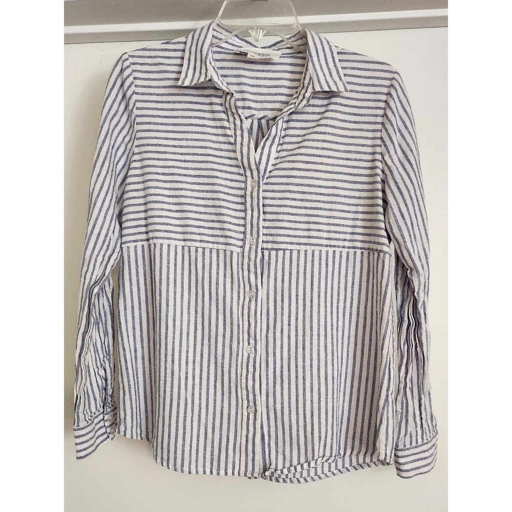 Alice Blue Stitch Fix Button Down Women L Blue White Striped Linen Blend Shirt